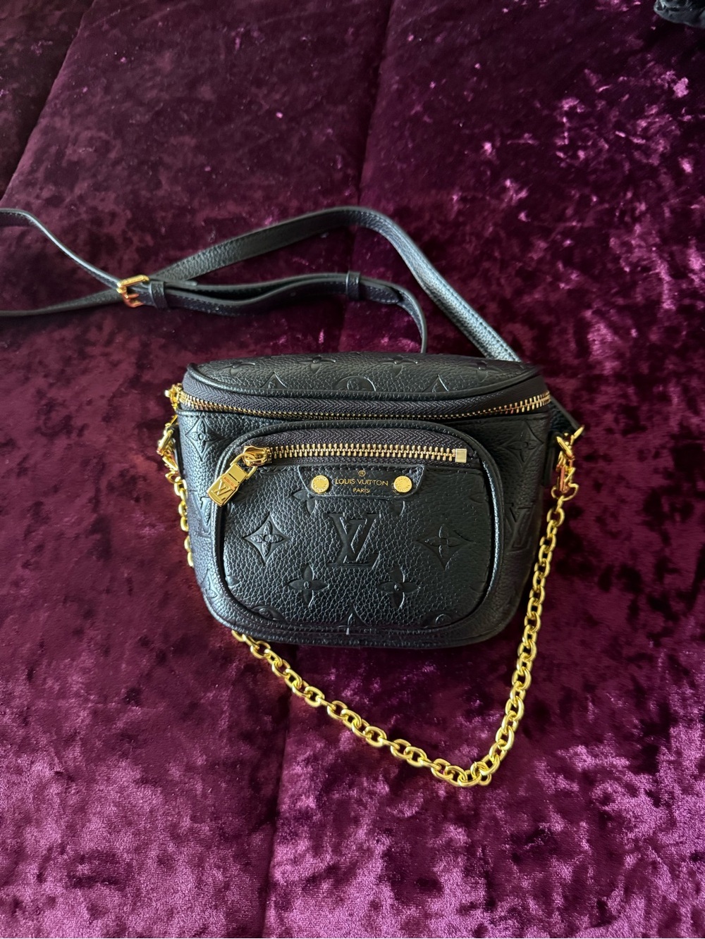 Black Monogram Leather Crossbody Bag with Gold Chain